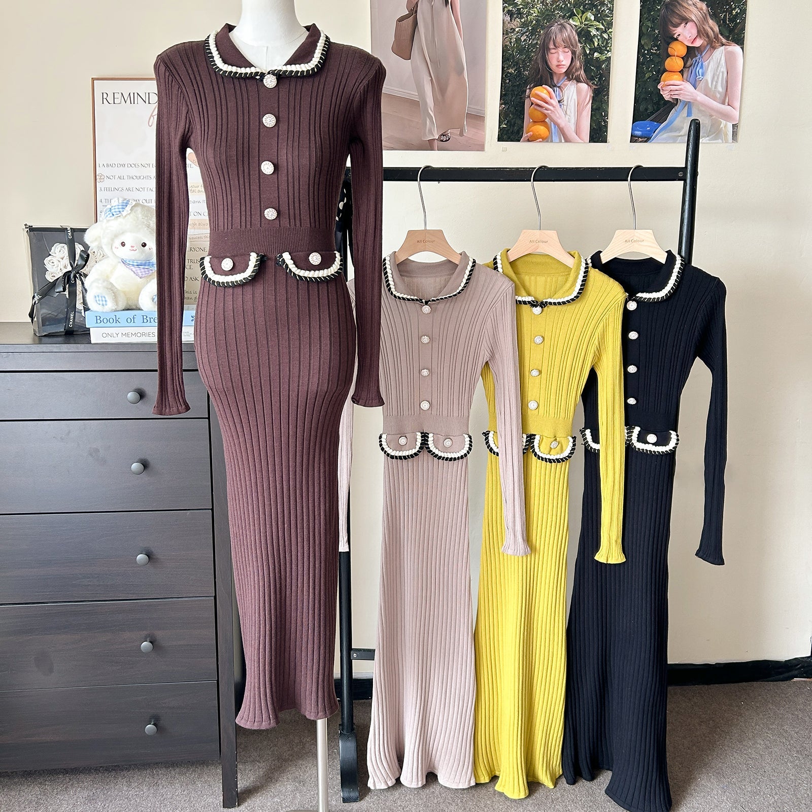 Women Spring Autumn Style Babydoll Dress With Knitted Long Dress