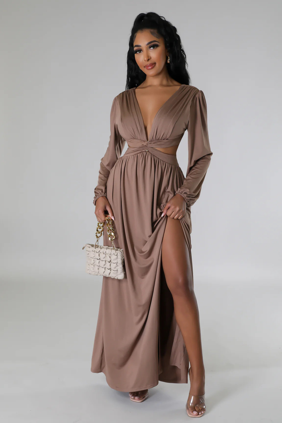 Deep V Plunge Neck Solid Color Long Sleeve Sexy Waist Hollow Out Cutout out Lace up Split Dress Comfortable Skin Friendly Daily Party Women Dress
