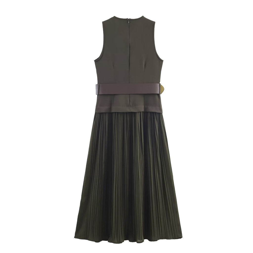 Women Clothing with Belt Stitching Midi Dress