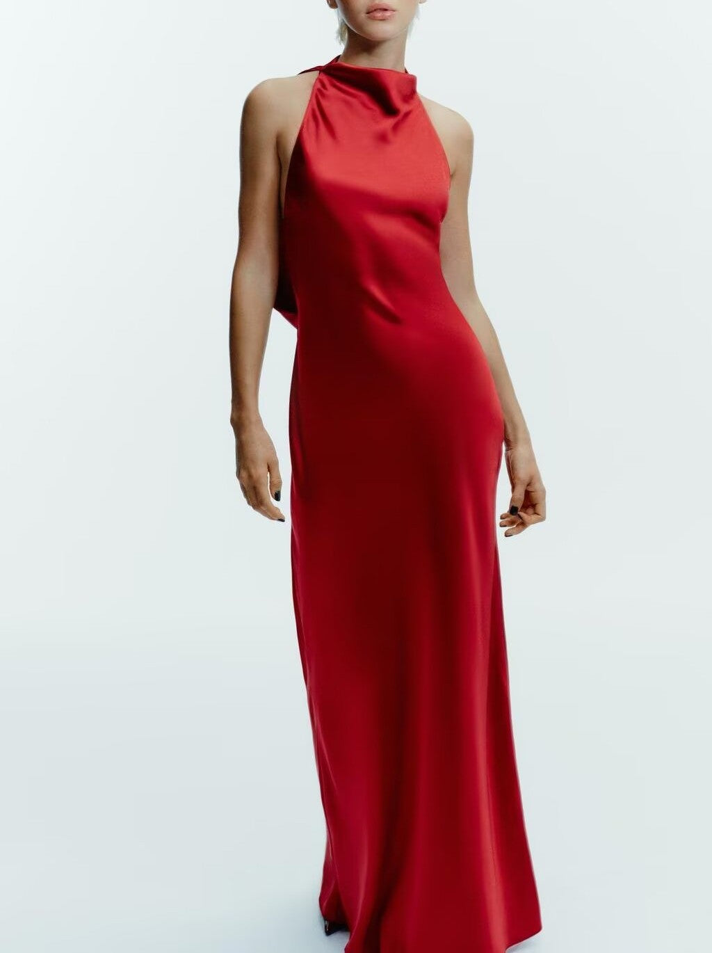 Women Clothing Top Product Silk Satin Texture Hanging Collar Sleeveless Slim Burgundy Maxi Dress