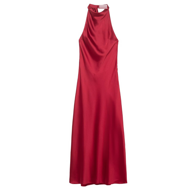 Women Clothing Top Product Silk Satin Texture Hanging Collar Sleeveless Slim Burgundy Maxi Dress