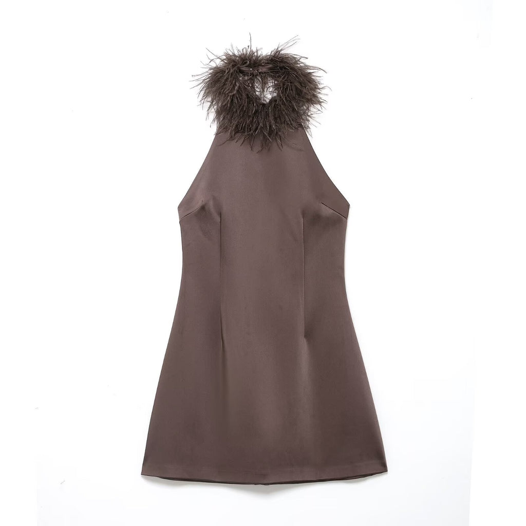 Simple Slim Feather Hanging Collar Dress