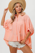 BiBi Plaid Button Up Dolman Sleeve Shirt for Women Fashion