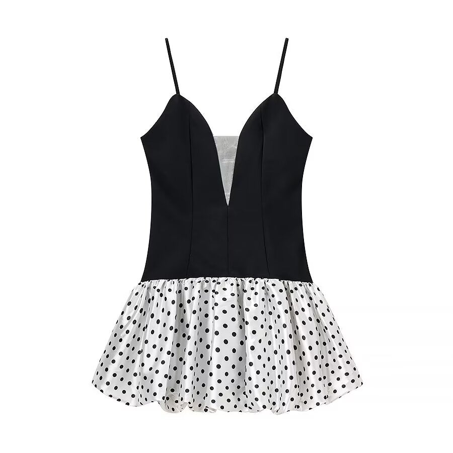 Women Clothing Sexy Polka Dot Stitching Strap Short Dress