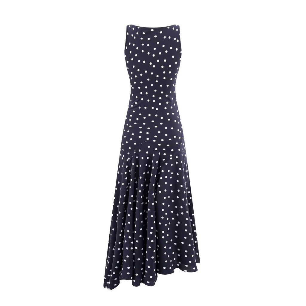 Mature Retro Square Collar Fitted Waist Polka Dots Dress Women Summer Sleeveless Slim Fitting Patchwork Irregular Asymmetric Polka Dot Maxi Dress