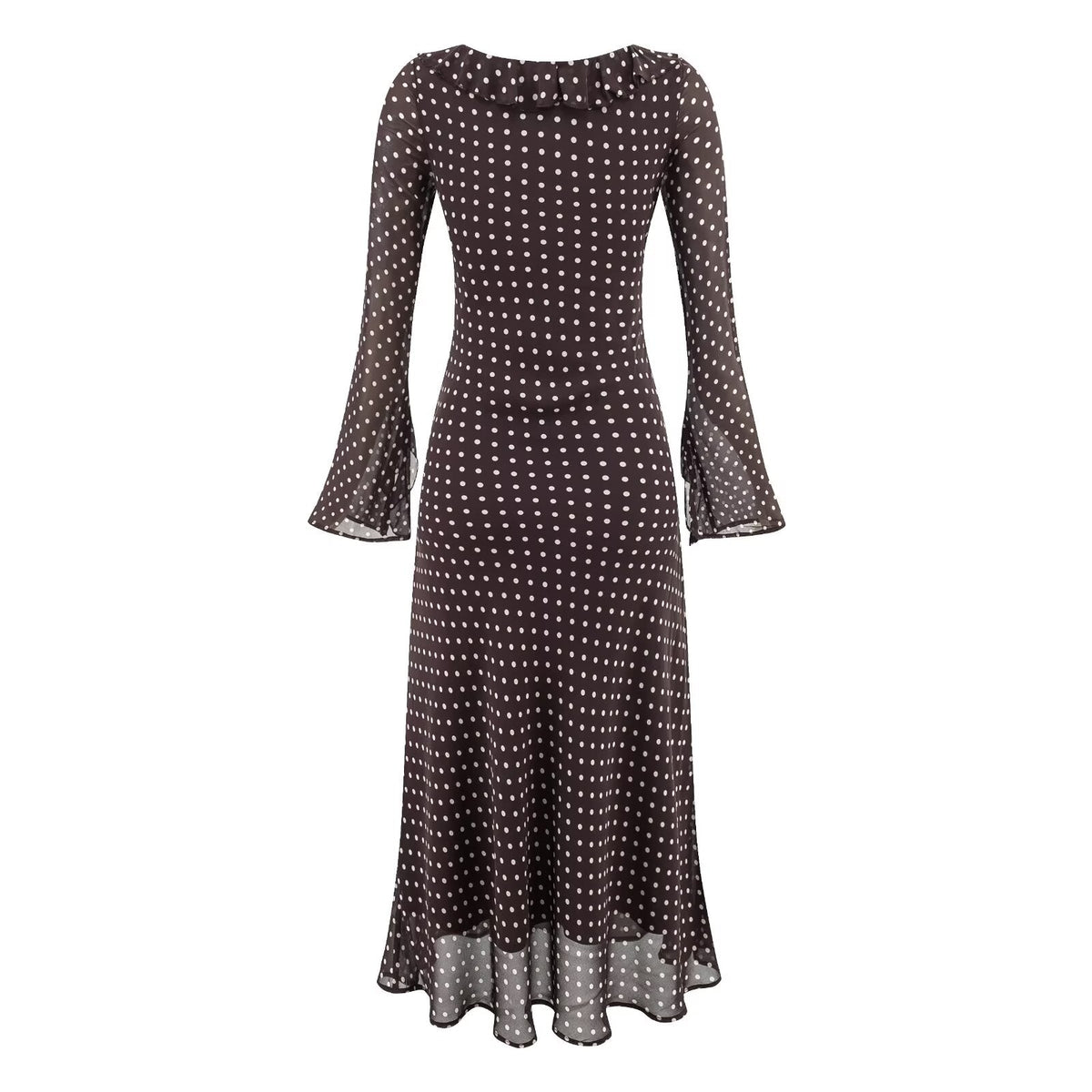 High Grade Polka Dot Printing Collared Lace up Split Cuff Dress Autumn Tight Waist Slim Fit Maxi Dress