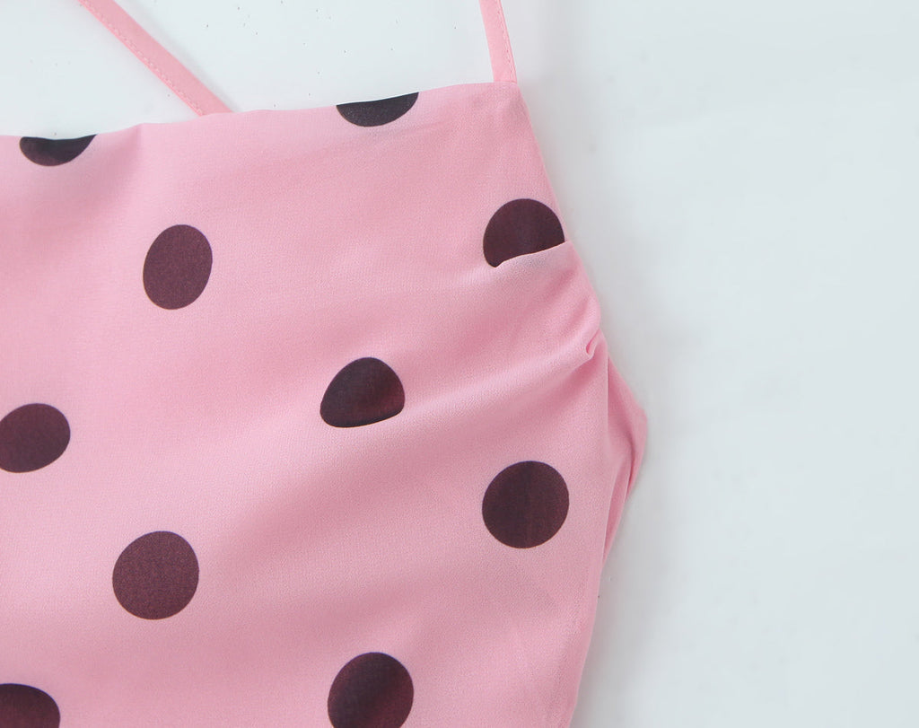 Gentle Elegant Pink Polka Dot Brace Dress Women Vintage Backless Lace up Design Tight Waist Maxi Dress