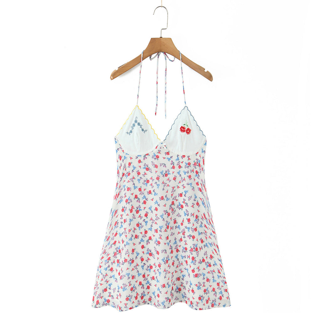 Sexy French Sweet Embroidered Printed V neck Halter Dress Women Summer Seaside Vacation Casual Cami Dress