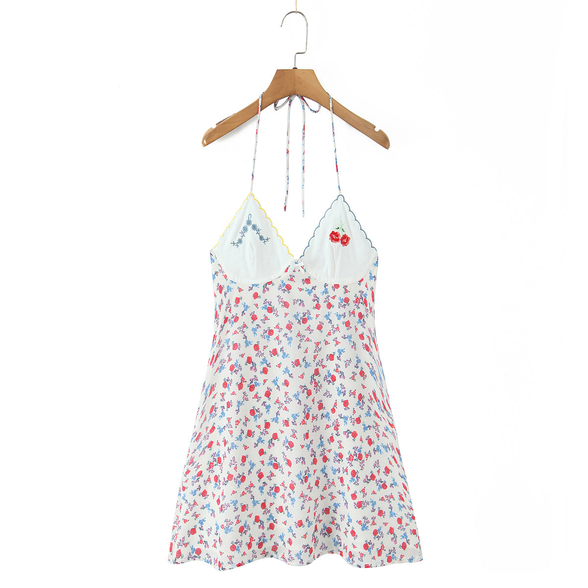 Sexy French Sweet Embroidered Printed V neck Halter Dress Women Summer Seaside Vacation Casual Cami Dress