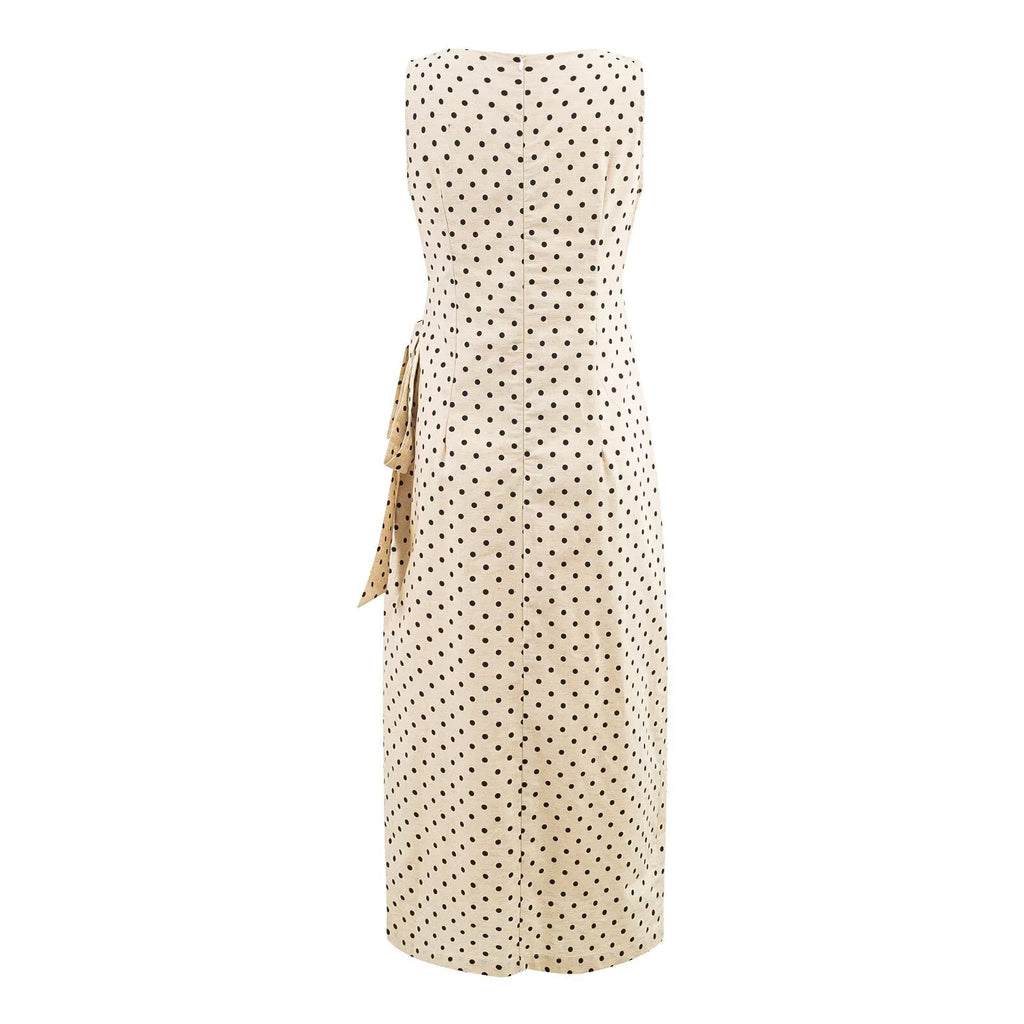 Polka Dot Design Pleated Waist Tight Lace up Side Slit round Neck Sleeveless Dress Women Slim Fit Maxi Dress