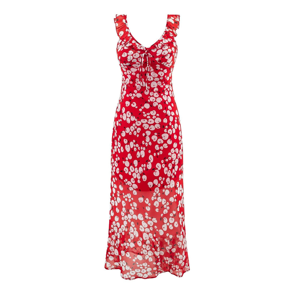 Spring Slim Fit Deep V Plunge neck Flounce Floral Red Background Waist Trimming Spaghetti Straps Maxi Dress Exposed Cropped