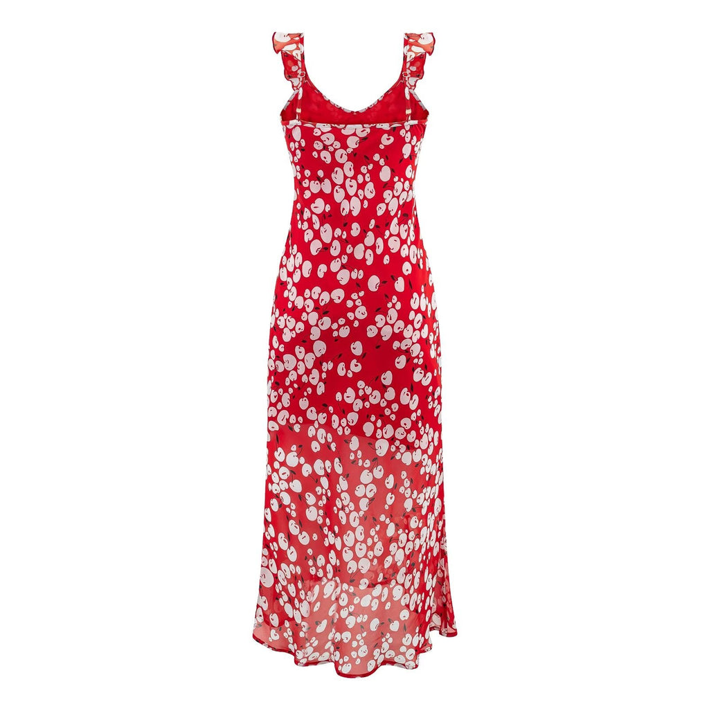 Spring Slim Fit Deep V Plunge neck Flounce Floral Red Background Waist Trimming Spaghetti Straps Maxi Dress Exposed Cropped