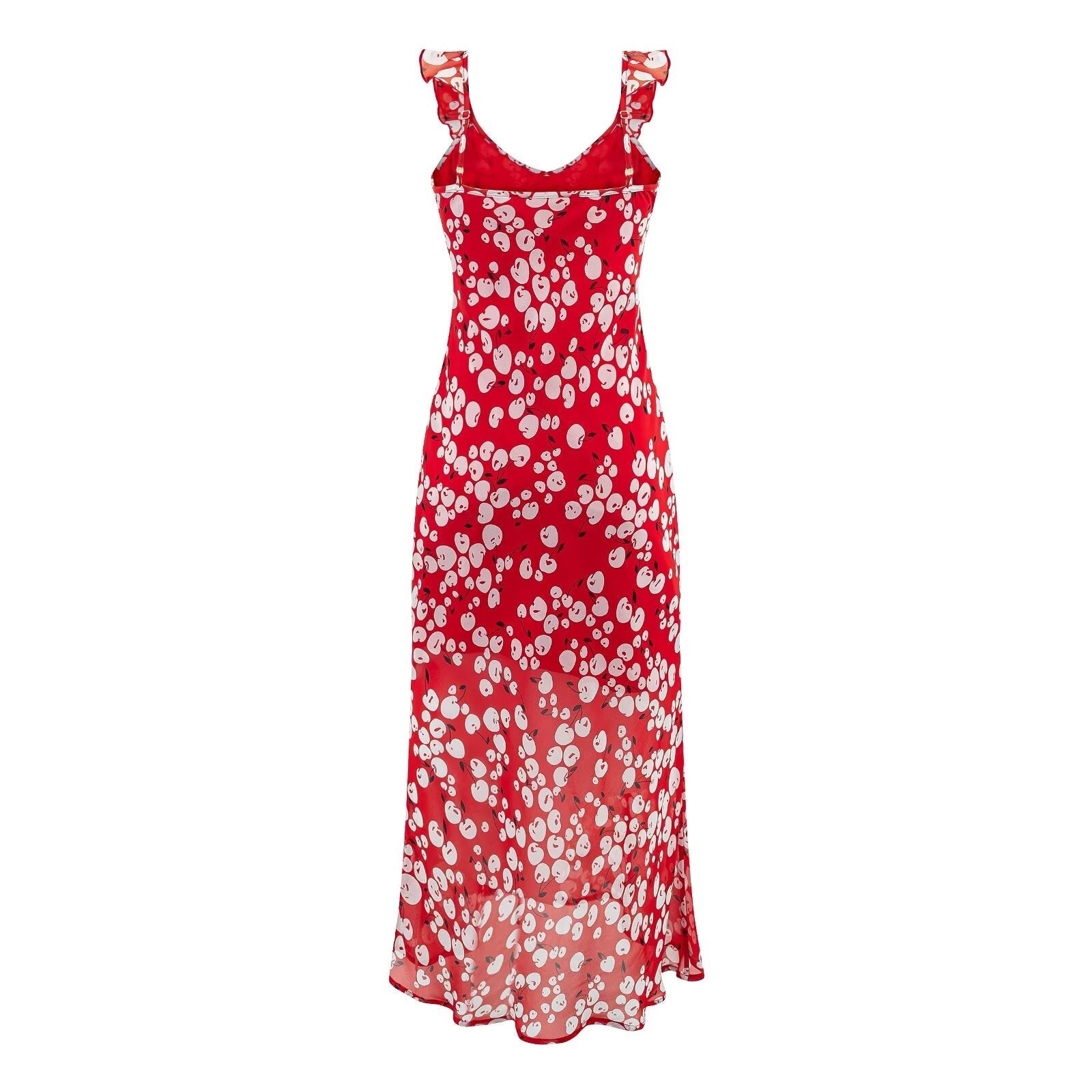 Spring Slim Fit Deep V Plunge neck Flounce Floral Red Background Waist Trimming Spaghetti Straps Maxi Dress Exposed Cropped