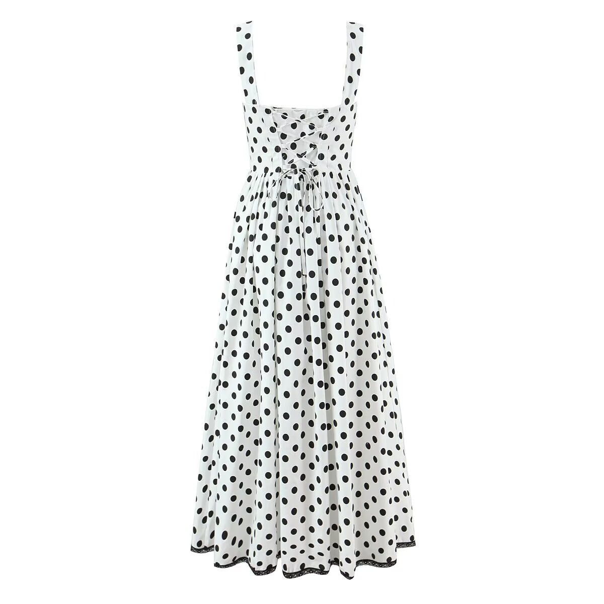 French Retro Dots Printed Lace Trim Holiday Dress Summer Waist Trimming Lace up Slim Fit Holiday Cami Long Dress