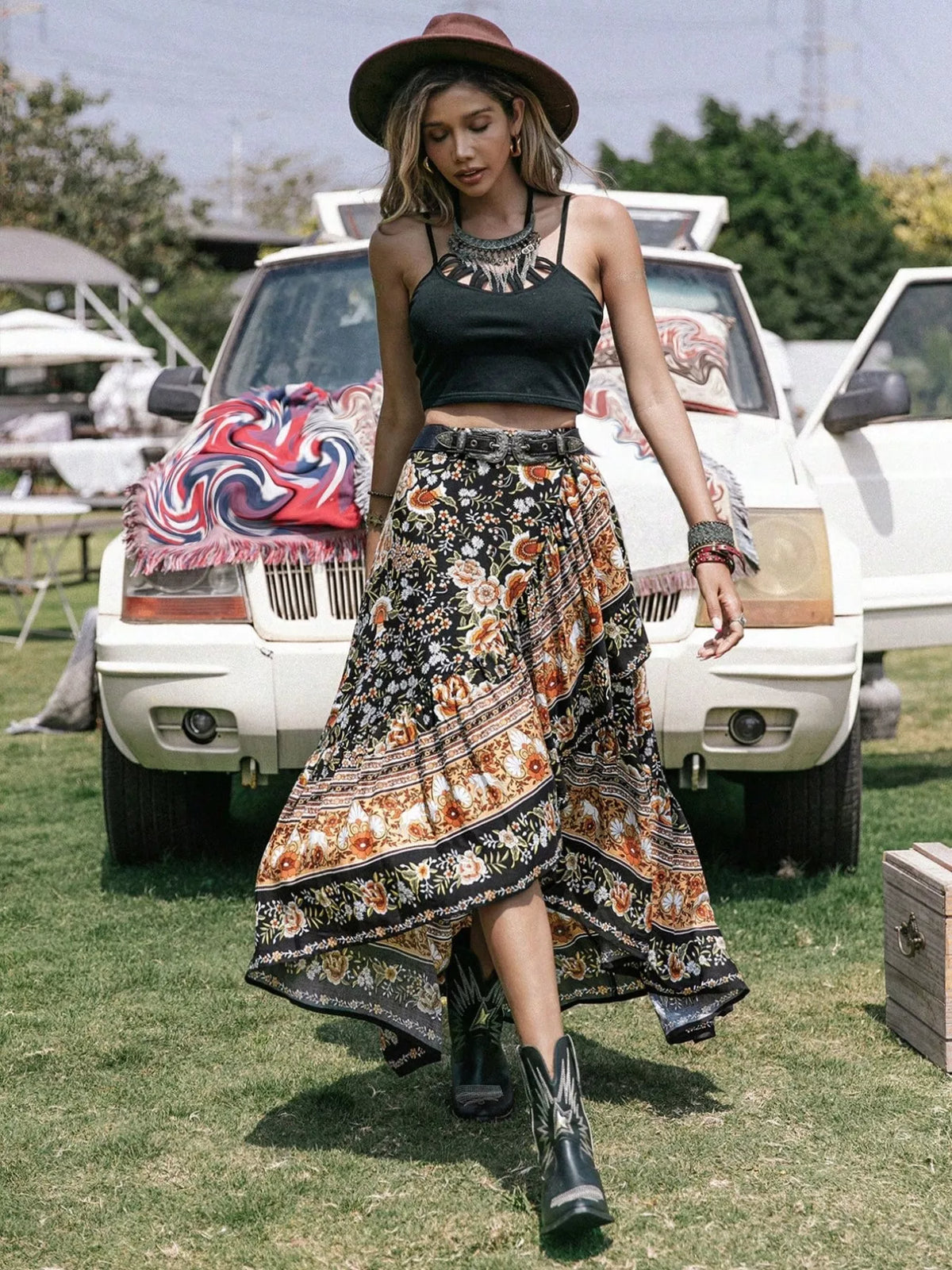 Boho Floral Print High-Low Skirt