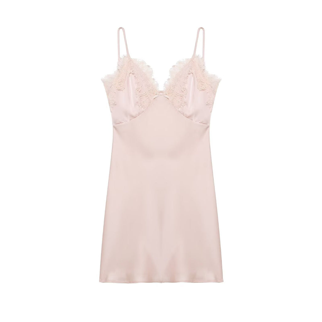 Early Spring Women Clothing Elegant Fashionable Slimming Silk Satin Lace Stitching Cami Dress