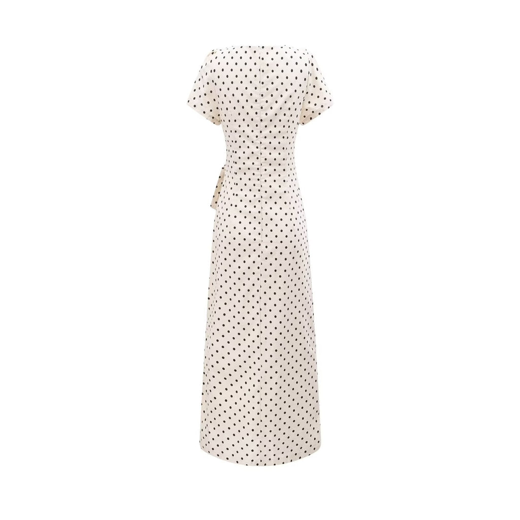 Pleated Lace up Waist Trimming Short Sleeved Dress Summer Slim Fit Maxi Dress