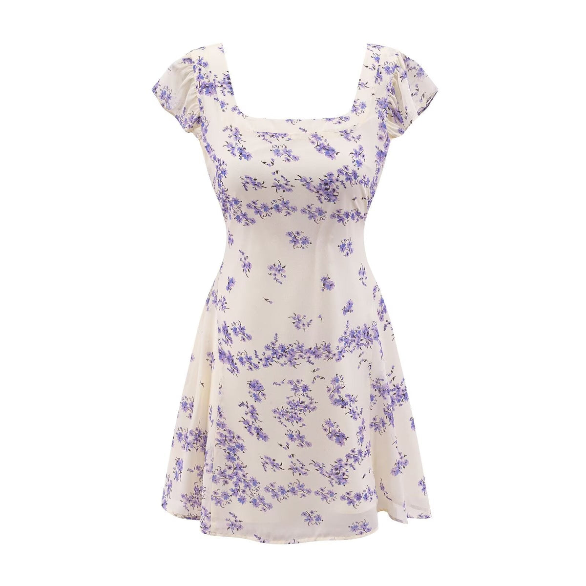 Early Spring Fresh White Background Floral Square Collar Short Sleeve Lace up Waist Controlled Dress