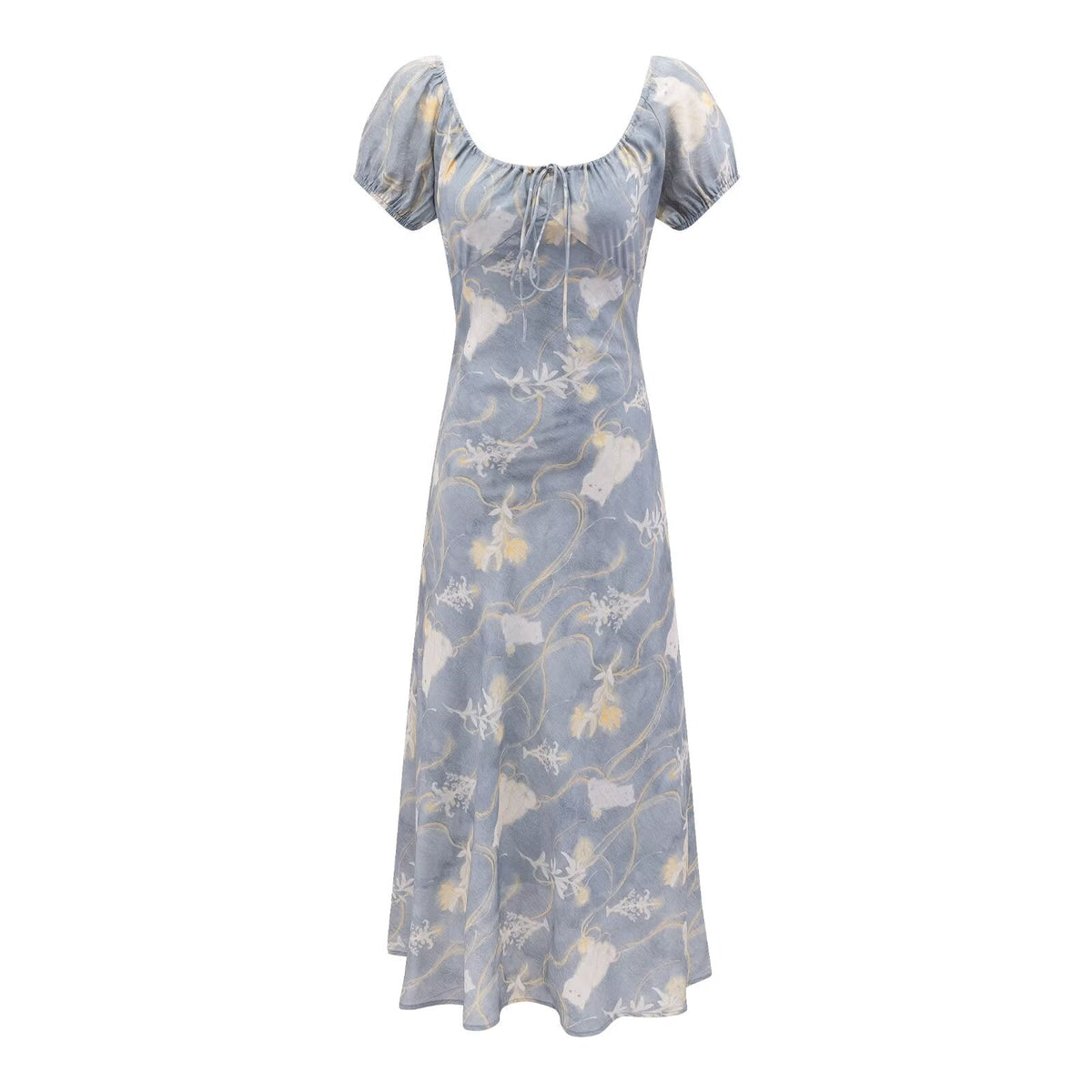 Early Spring Holiday Casual Cool Square Collar Puff Sleeve Printed Waist Controlled Dress