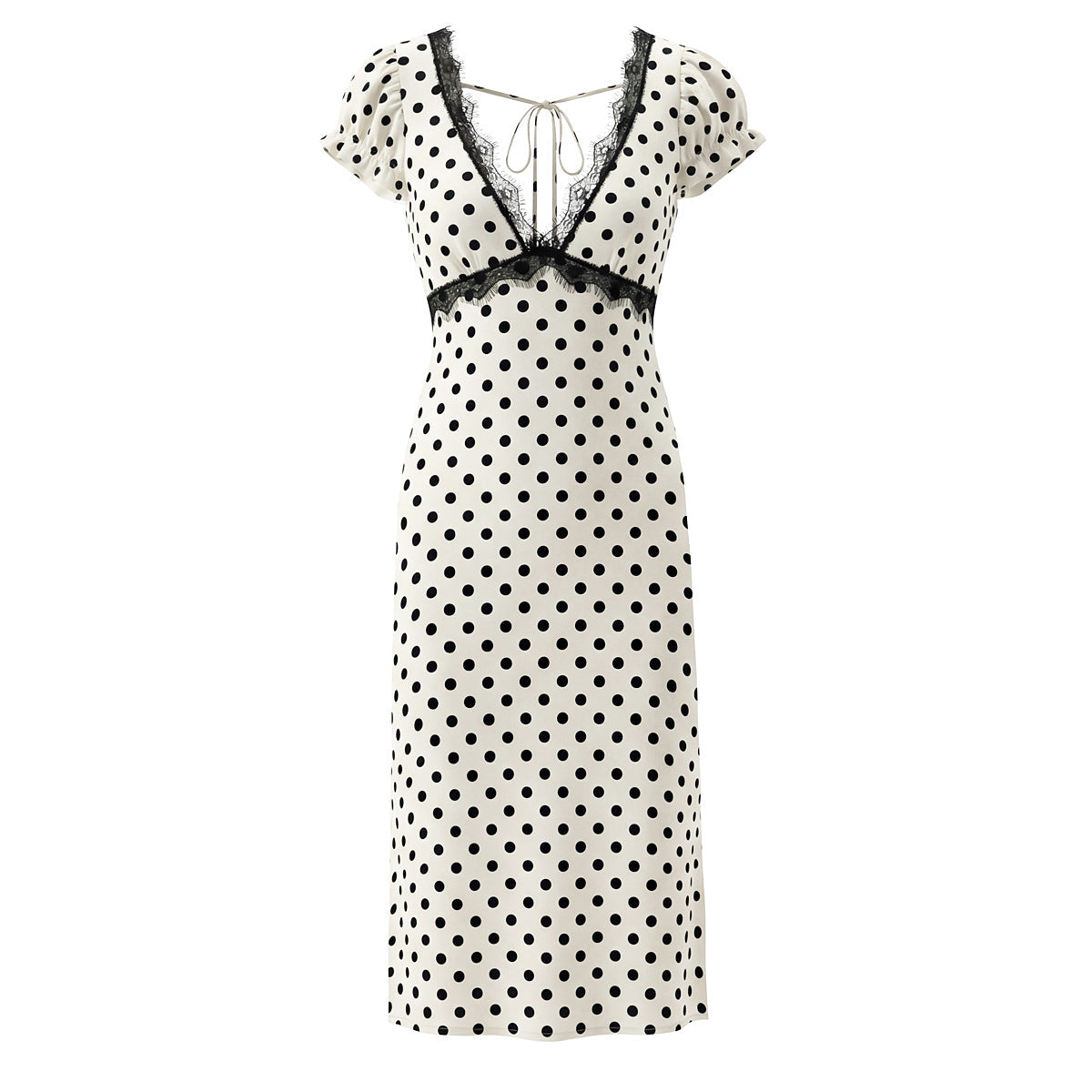 Sexy Lace Deep V Plunge neck Puff Sleeve Polka Dot Dress Tight Waist Slim Fit Sexy Midi Dress for Women