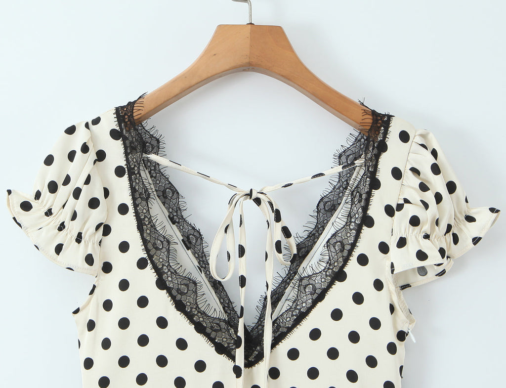Sexy Lace Deep V Plunge neck Puff Sleeve Polka Dot Dress Tight Waist Slim Fit Sexy Midi Dress for Women