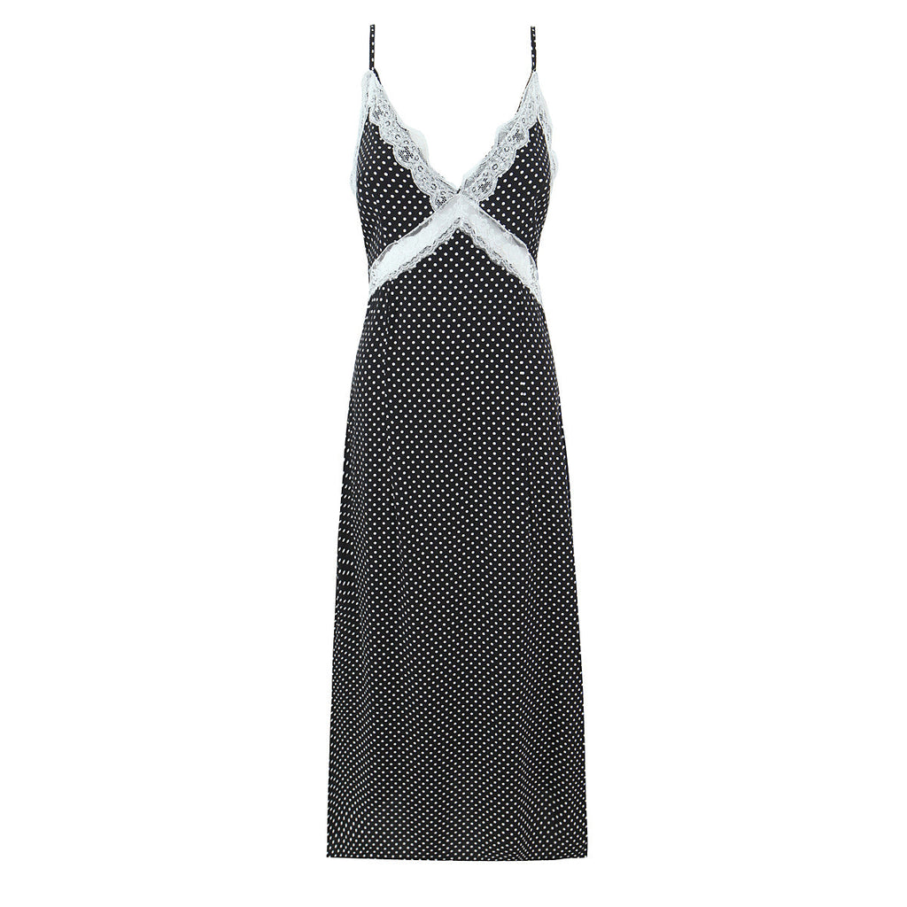 French Polka Dot Brace Maxi Dress Retro Sexy Slim V neck Lace Stitching Dress for Women Early Spring