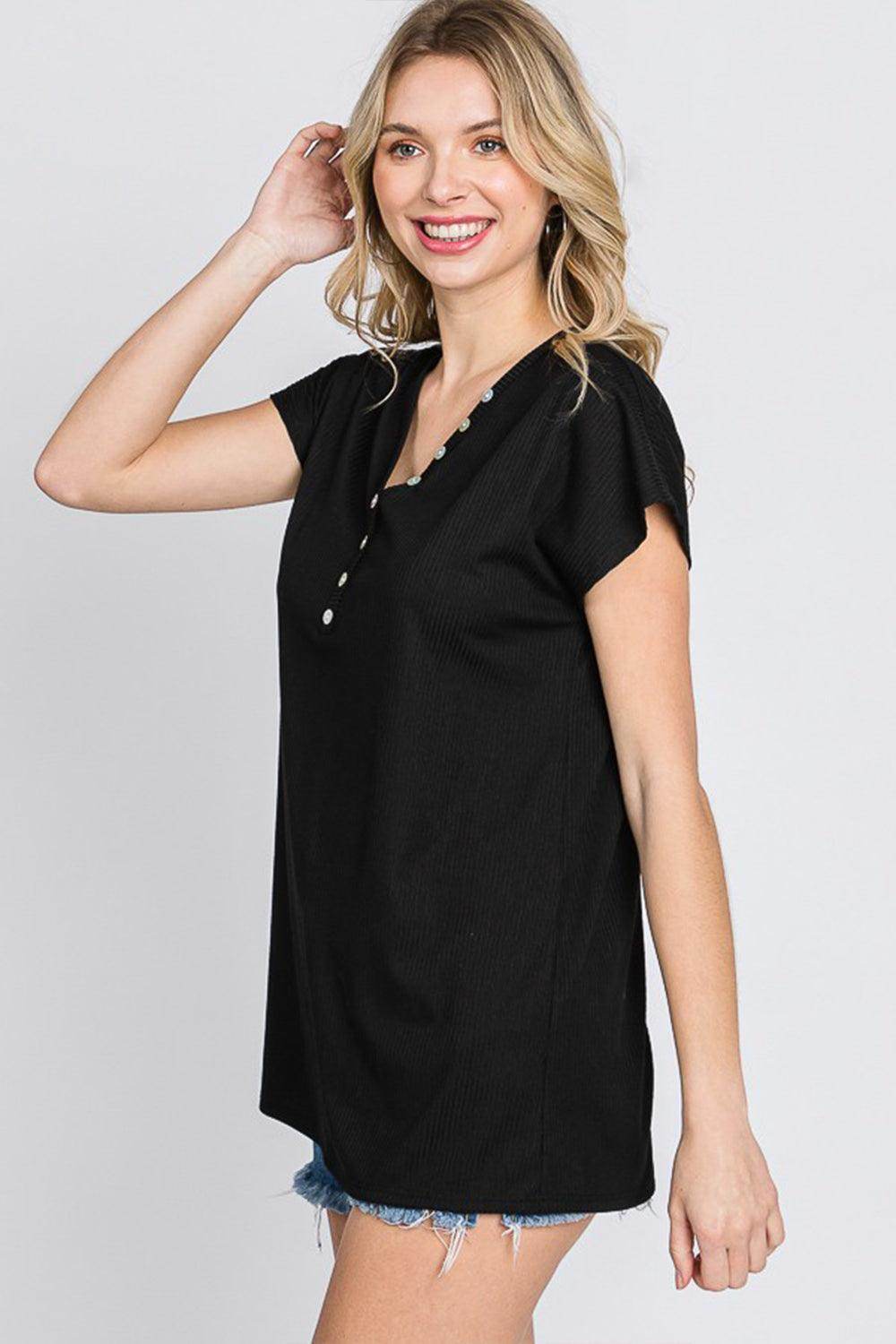 Heimish Full Size Front Button V-Neck Short Sleeve T-Shirt for Women