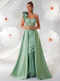 Socialite Elegant Green Tube Top One Shoulder Evening Dress Three Dimensional Floral Decorative Sequ Waist Controlled Large Hem Dress