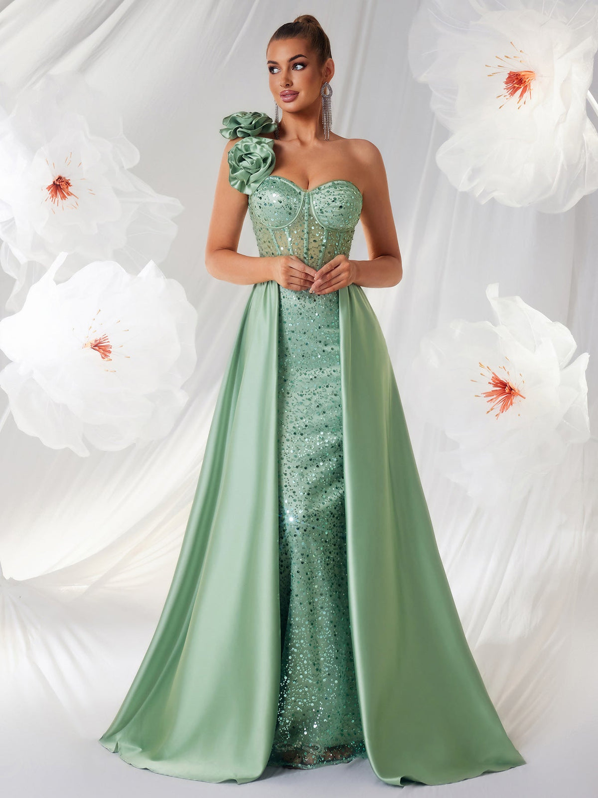 Socialite Elegant Green Tube Top One Shoulder Evening Dress Three Dimensional Floral Decorative Sequ Waist Controlled Large Hem Dress