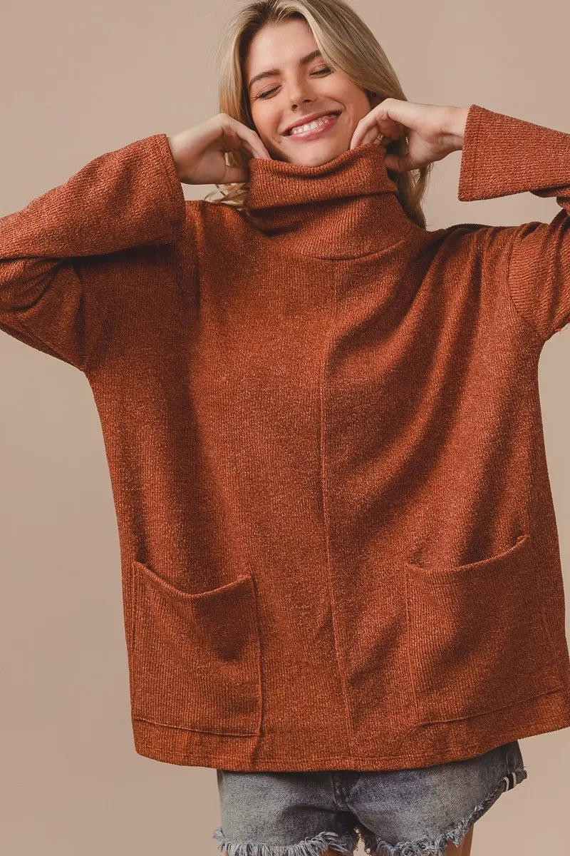 BiBi Piper Rib Double Pocket Turtle Neck Sweater