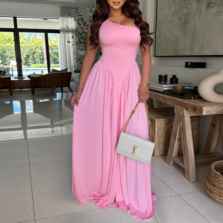 Women Wear Waist Controlled Backless Slim Fit Sloping Shoulder Dress