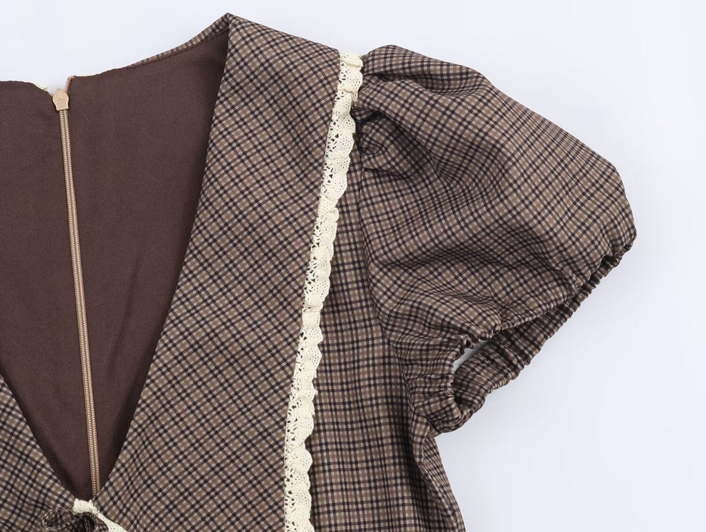 Women Clothing Summer Sweet Cute Anti Aging Plaid Collared Dress