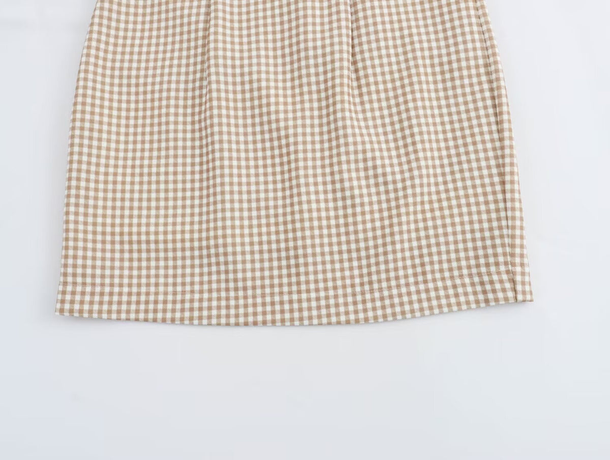 Women Clothing Summer French All Match Retro Spaghetti Straps Small Plaid Dress