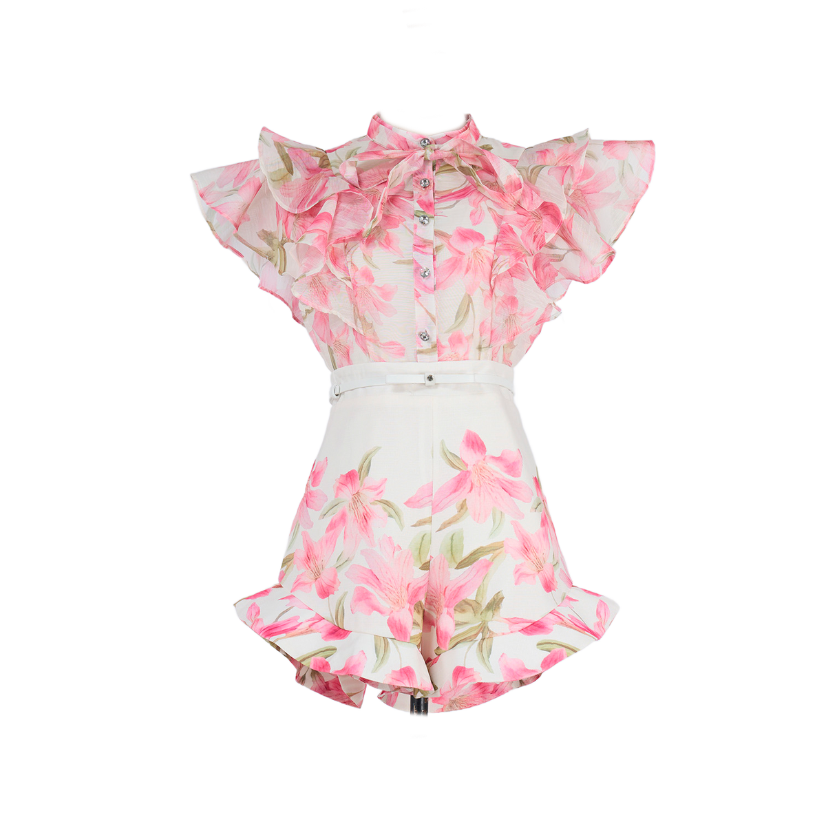 Women Court Style V Necked Frilled Hemline Diamond Buttoned Sleeveless Short Skirt Two Piece Sets