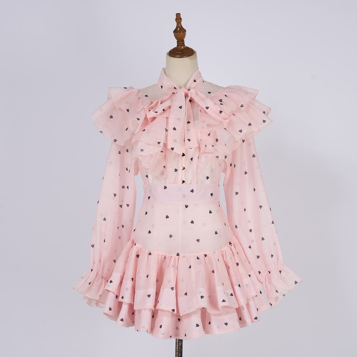 Women Heart Shaped Print Tie Up Ruffled Hem Blouse With High Waisted Short Half Length Skirt Two Piece Sets