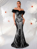 High End Affordable Luxury off Shoulder Ruffled Evening Dress Silver Sequined Slim Fit Slimming Dinner Party Fishtail Dress