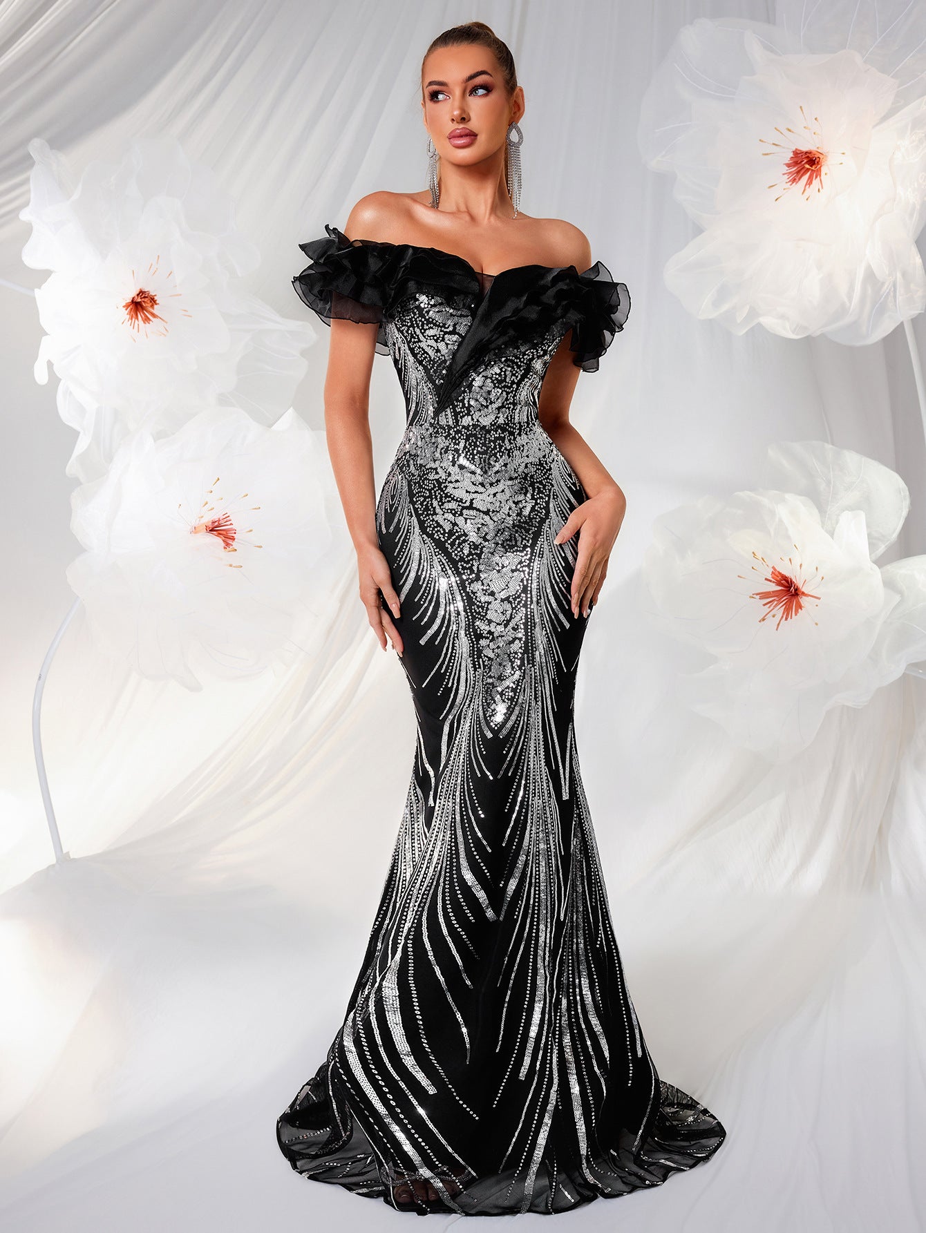 High End Affordable Luxury off Shoulder Ruffled Evening Dress Silver Sequined Slim Fit Slimming Dinner Party Fishtail Dress
