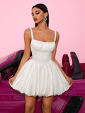 White Satin Strap Bud Mini Dress Spicy Waist Cinching Figure Flattering Square Neck Tube Top Puffy Evening Gown