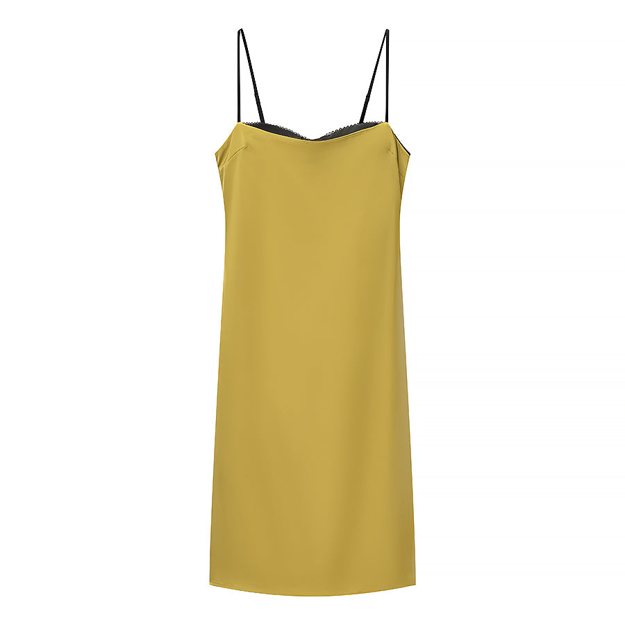Summer Color Contrast Patchwork Strappy Low Cut Simple Elegant Midi Dress