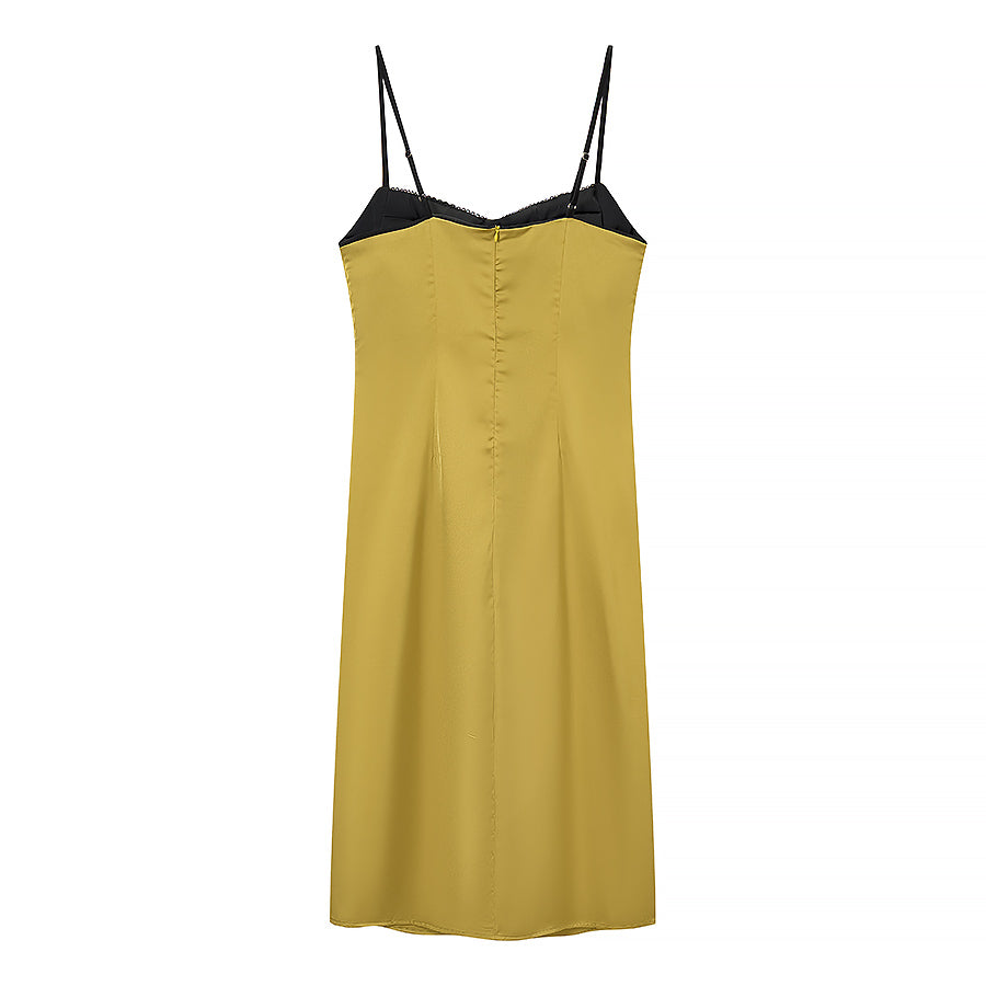 Summer Color Contrast Patchwork Strappy Low Cut Simple Elegant Midi Dress