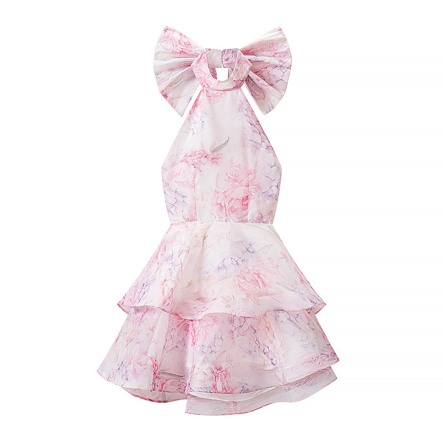 Summer French Sweet Printed Hanging Collar Stacked Ruffled Waist Dress