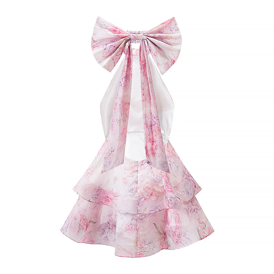 Summer French Sweet Printed Hanging Collar Stacked Ruffled Waist Dress