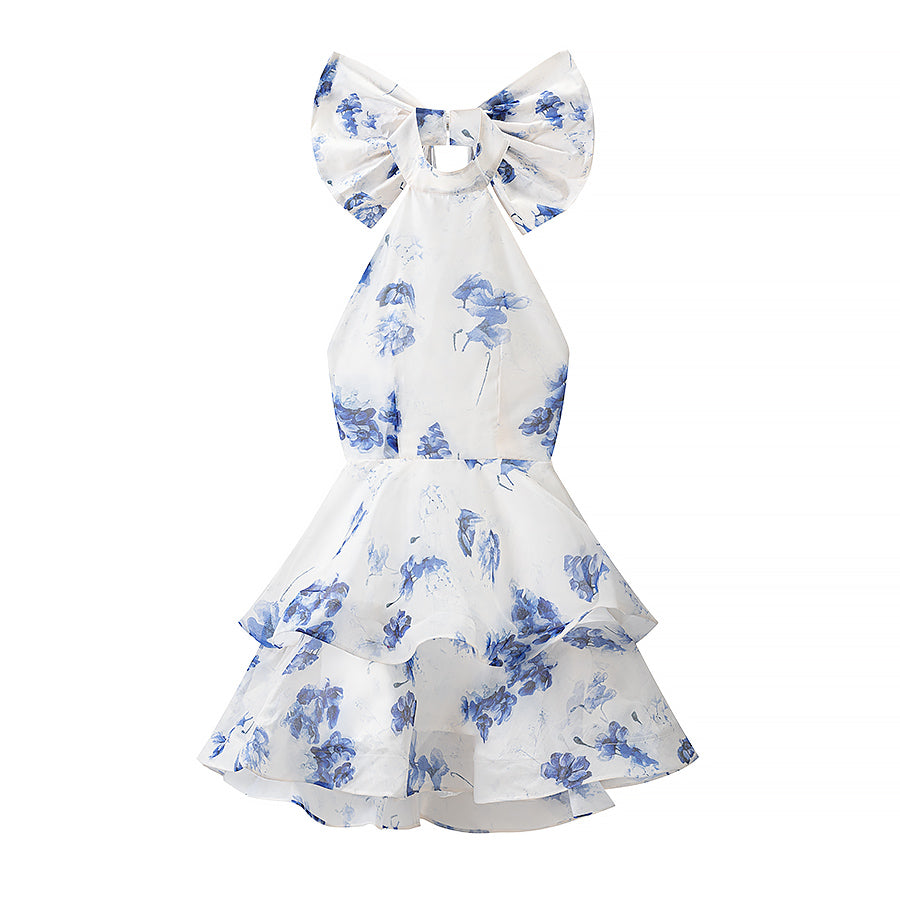 Summer French Sweet Printed Hanging Collar Stacked Ruffled Waist Dress