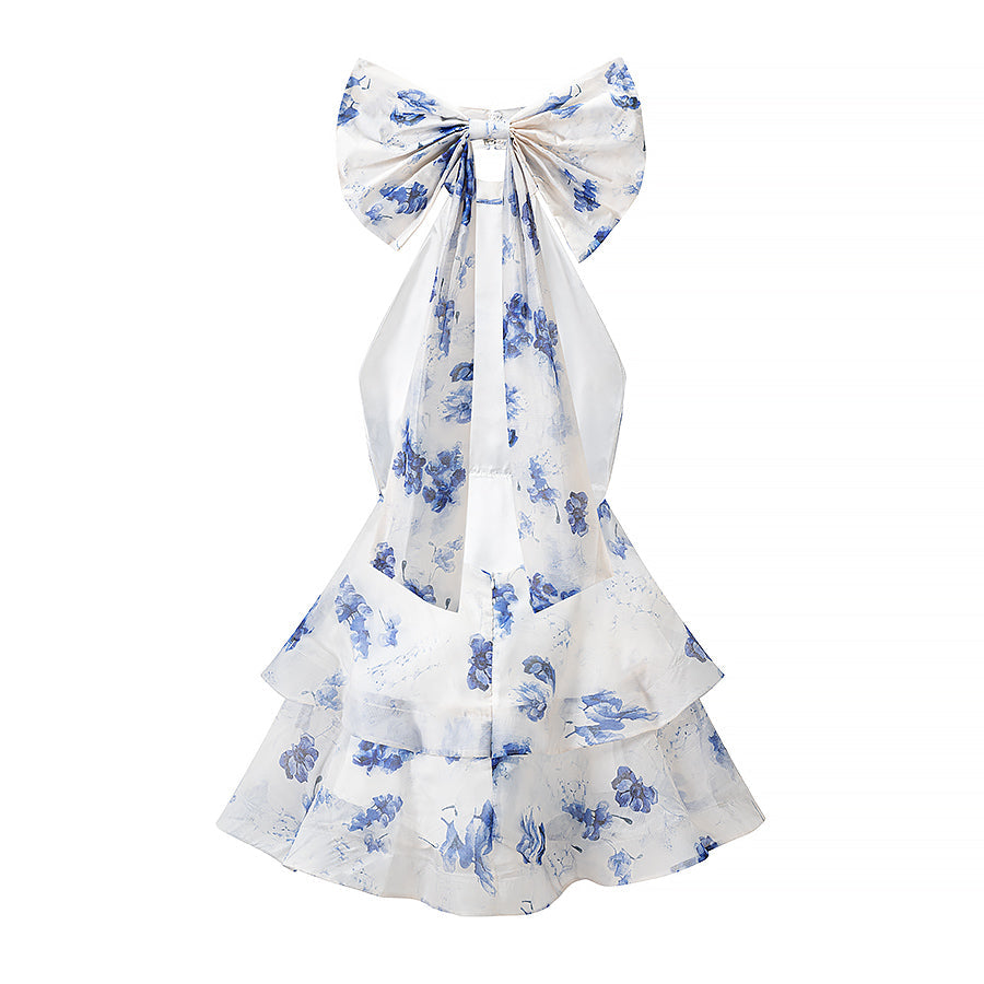Summer French Sweet Printed Hanging Collar Stacked Ruffled Waist Dress