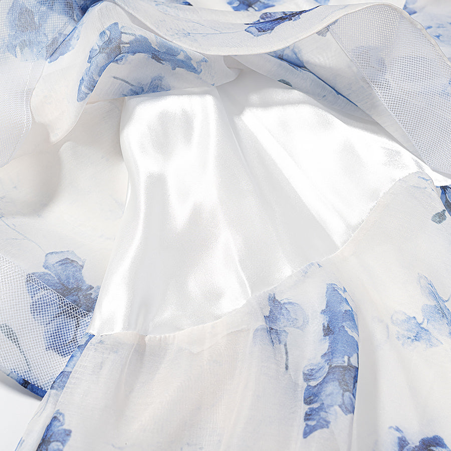 Summer French Sweet Printed Hanging Collar Stacked Ruffled Waist Dress