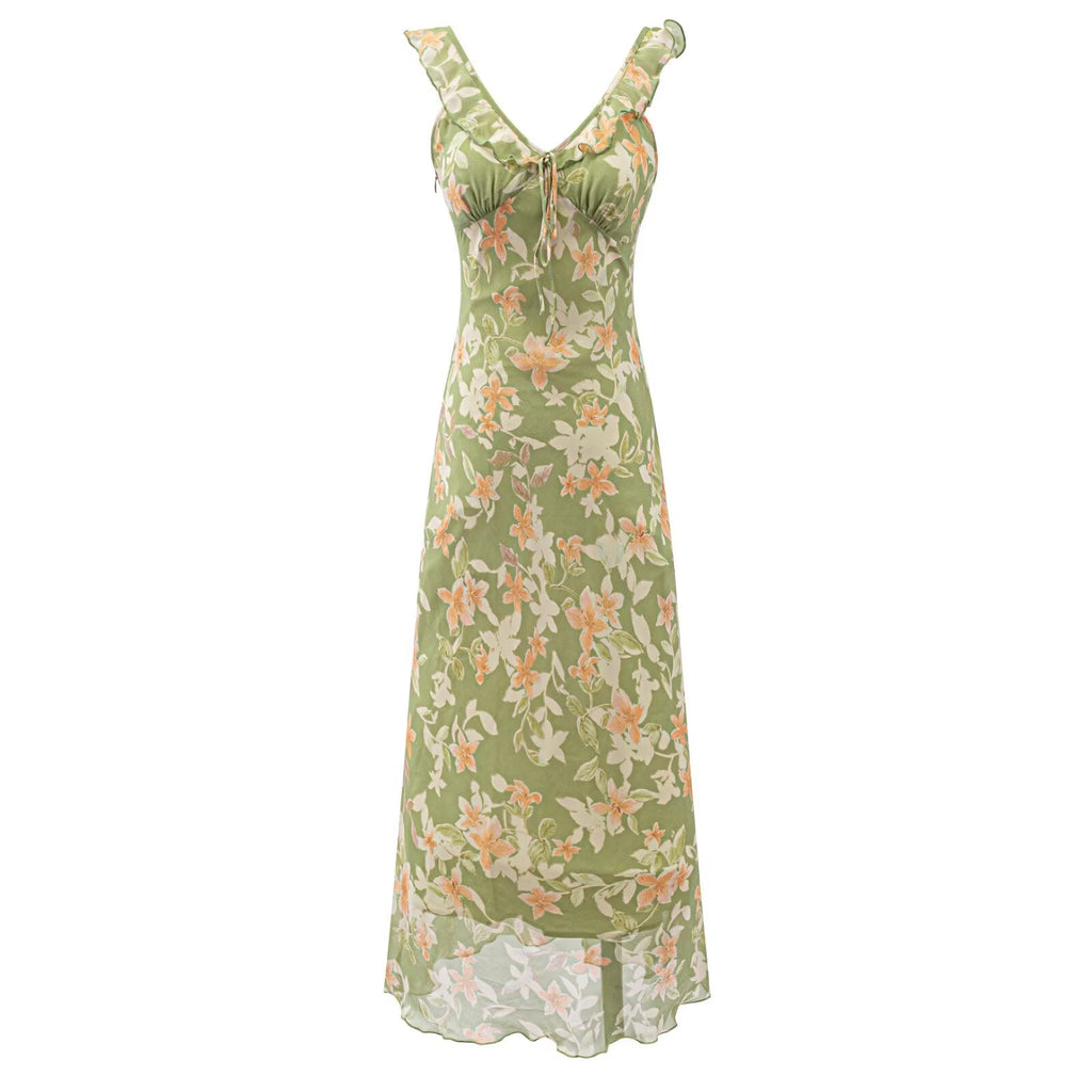 French Elegant Retro Green V neck Floral Dress Women Summer Waist Slimming Thin Slimming Dress