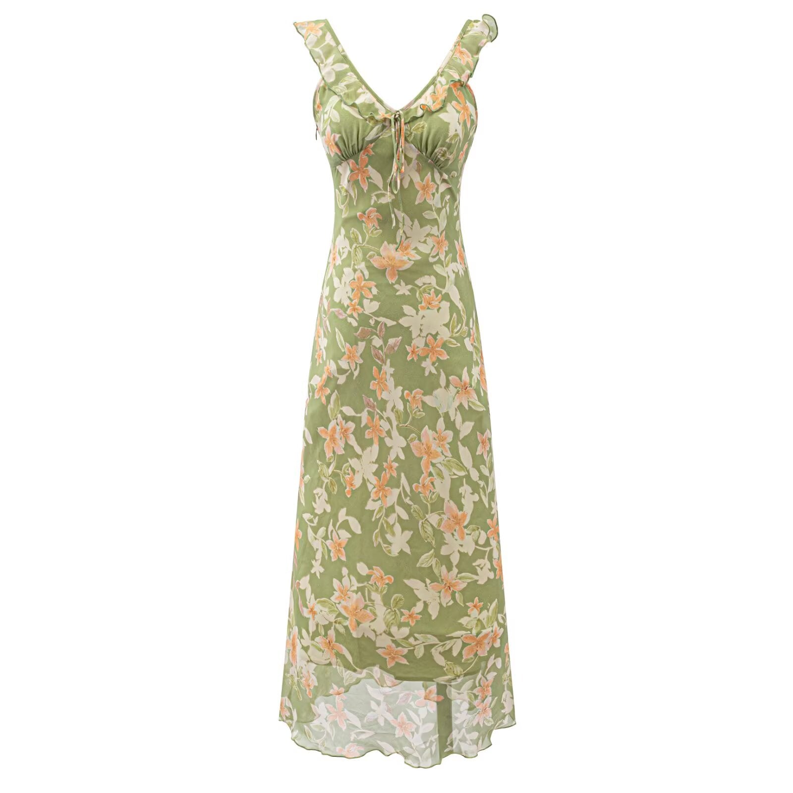 French Elegant Retro Green V neck Floral Dress Women Summer Waist Slimming Thin Slimming Dress