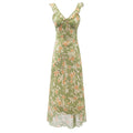 French Elegant Retro Green V neck Floral Dress Women Summer Waist Slimming Thin Slimming Dress