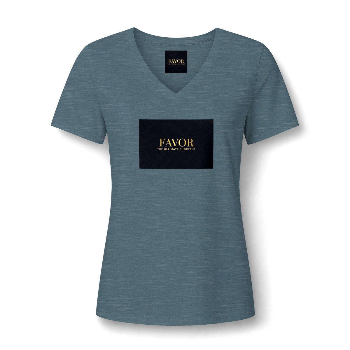 V-Neck Tee — 'Favor Heavens Favorite' Gold Script Graphic