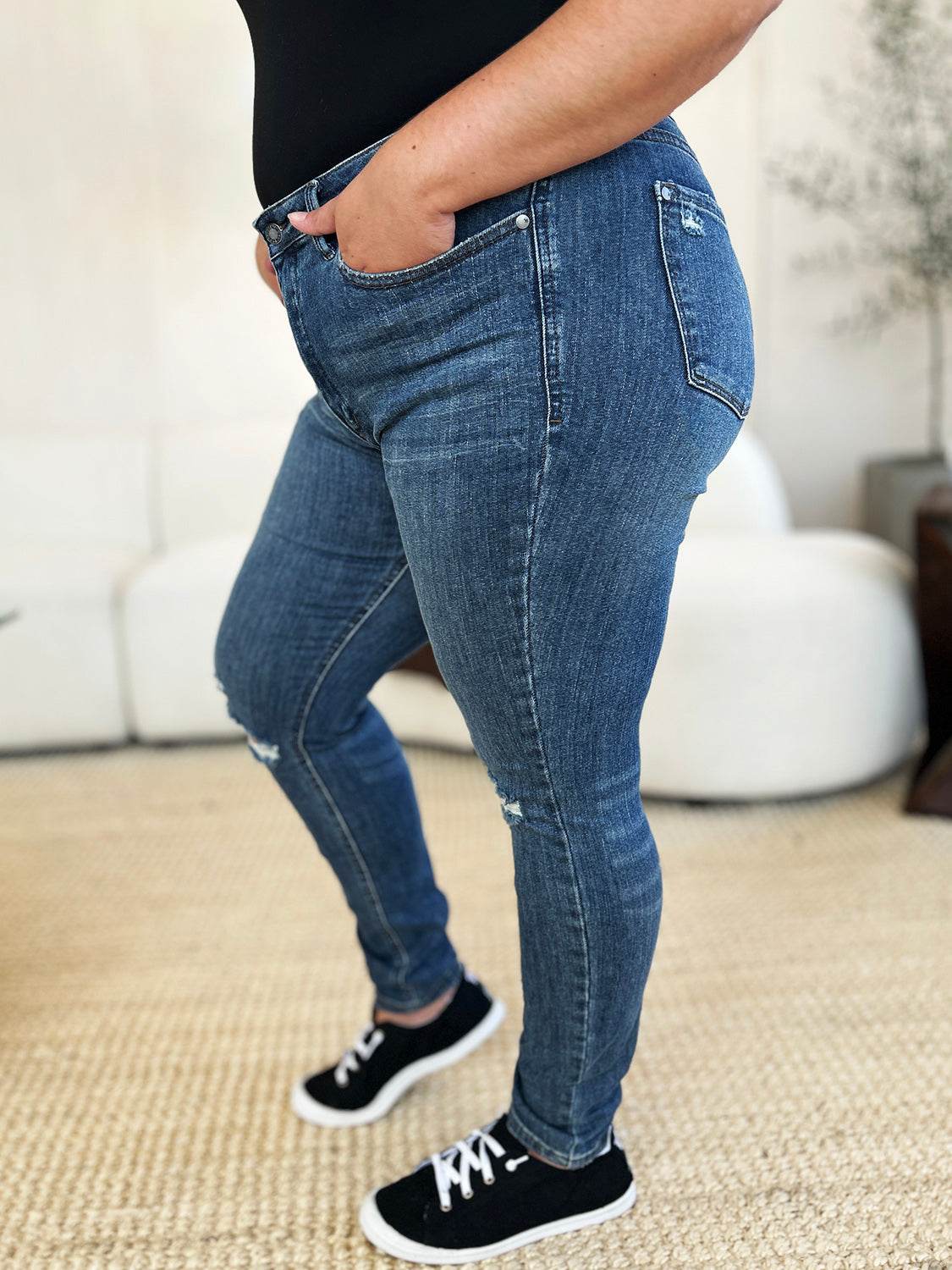 Judy Blue Full Size Mid Waist Distressed Slim Jeans For Women